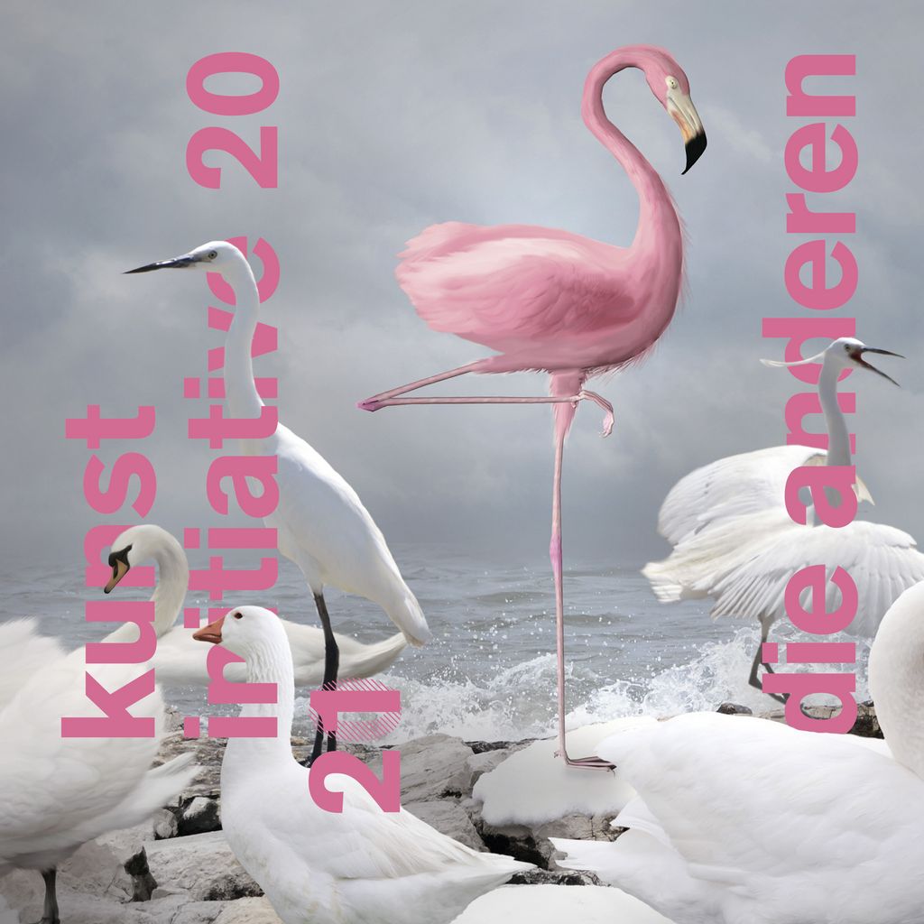 Rosa Flamingo zwischen weißen Vögeln - Wort-Bildmarke Kunstinitiative2021